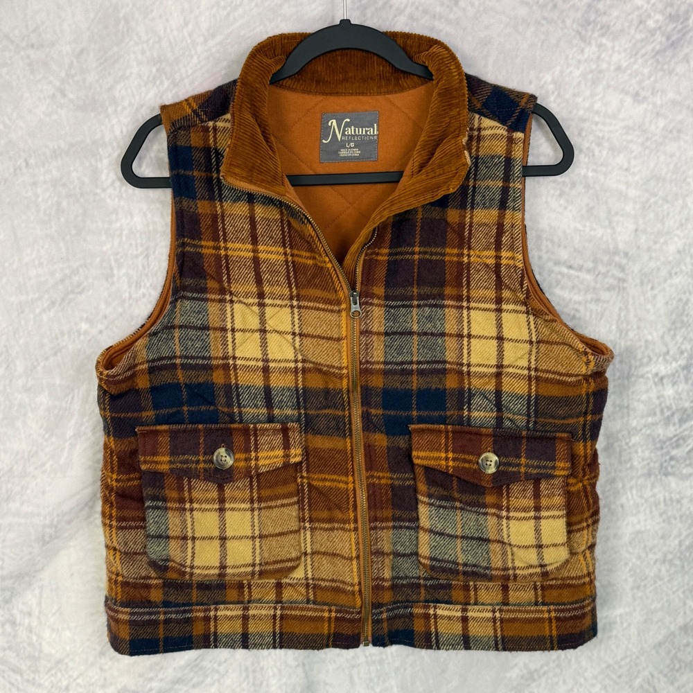 Natural Reflections brown Plaid flannel Vest Women Sz L‎ Corduroy cabin core